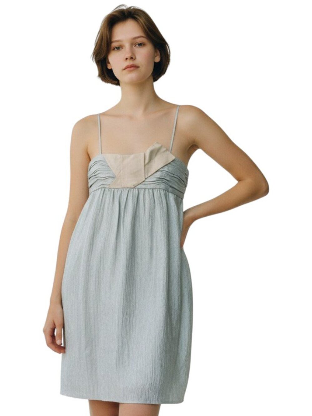 BCBGirls Spaghetti Strap Mini Dress Beige Taupe Ruched Bow Empire Waist Party S